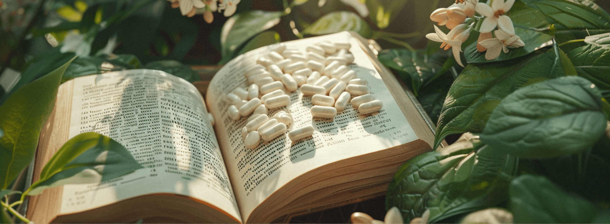 Libro entre plantas con cápsulas de suplemento