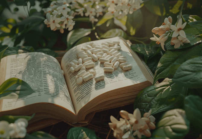 Libro entre plantas con cápsulas de suplemento