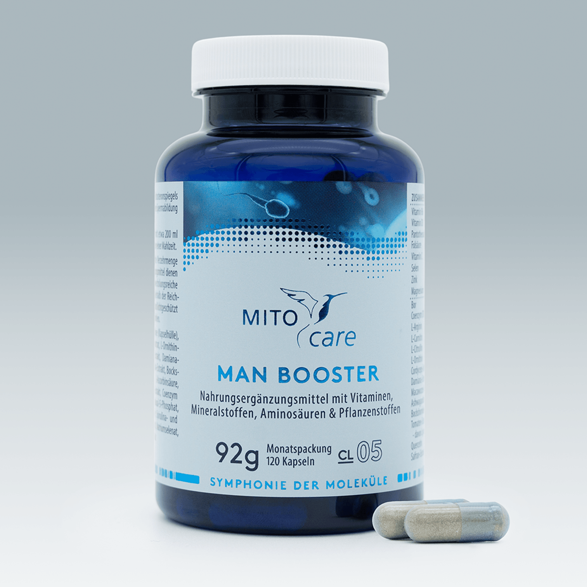 Men Booster, blaue Verpackung, Productcover, maennergesundheit, 120 kapseln, Pflanzenstoffe und Mineralstoffe, 92g