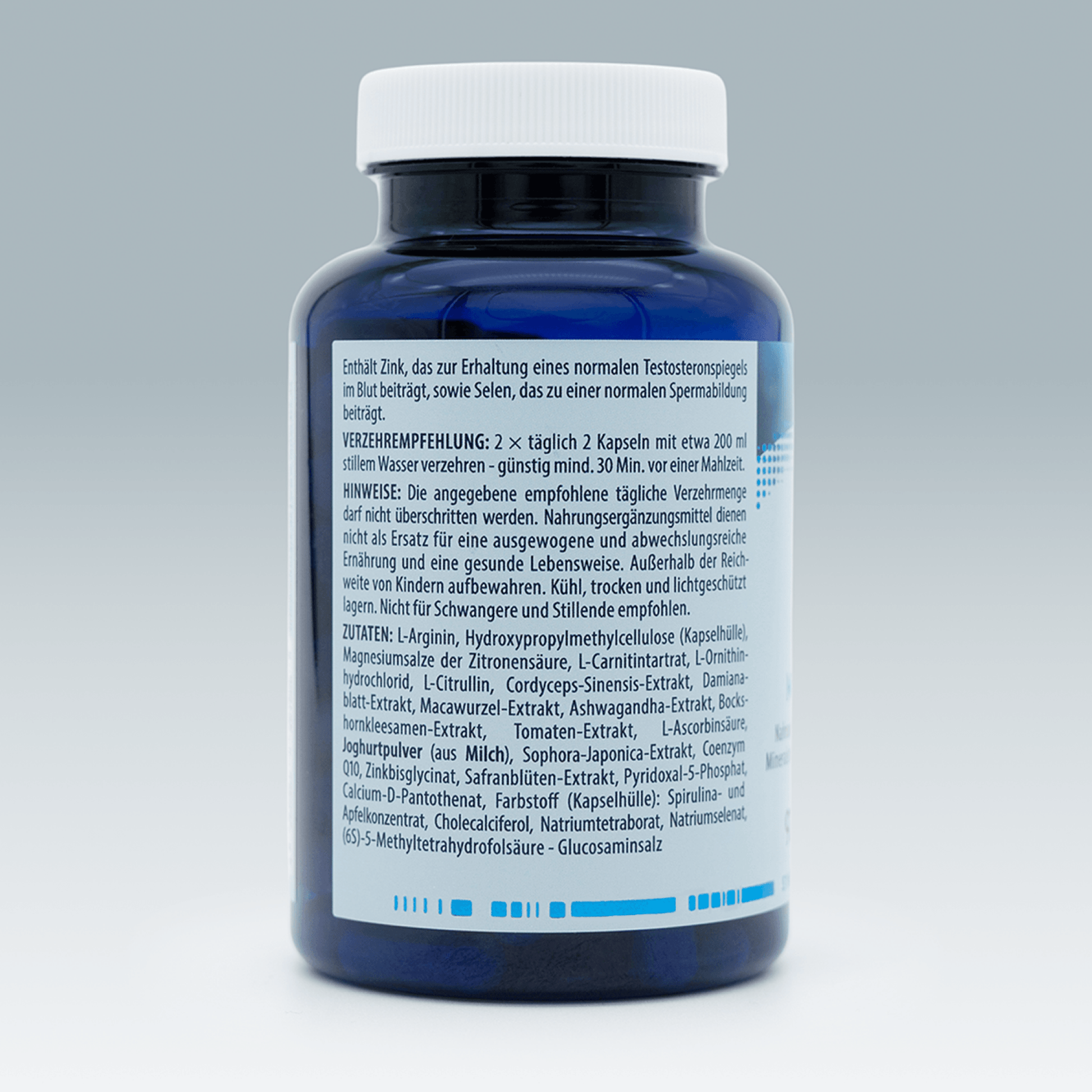 Men Booster, blaue Verpackung, Auflistung der Inhaltsstoffe, Verzehrempfehlung und Hinweise