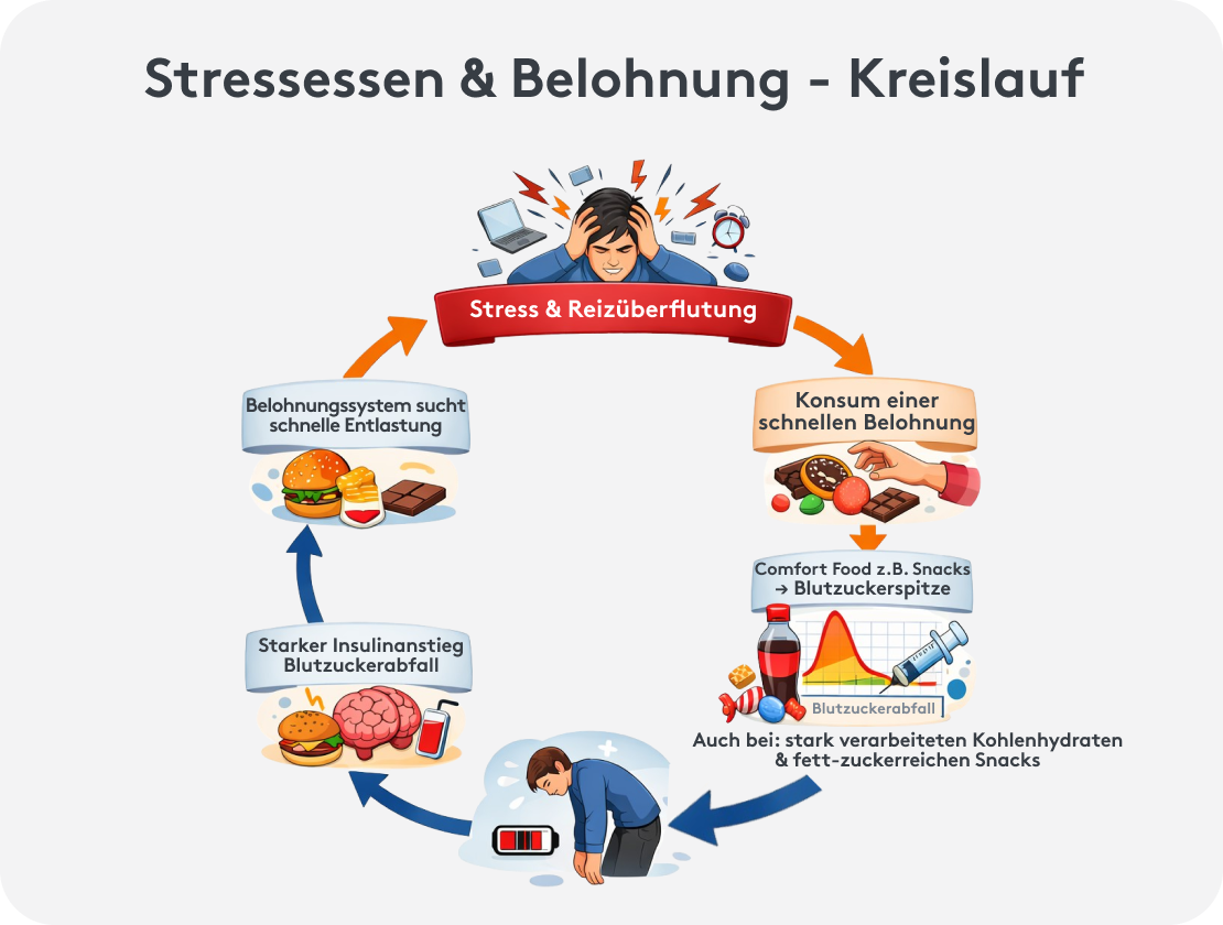 Grafik vom Krauslauf beim Stressessen, Binge-Eating, schnelle Belohnung, Insulin, Reizueberflutung und Stress